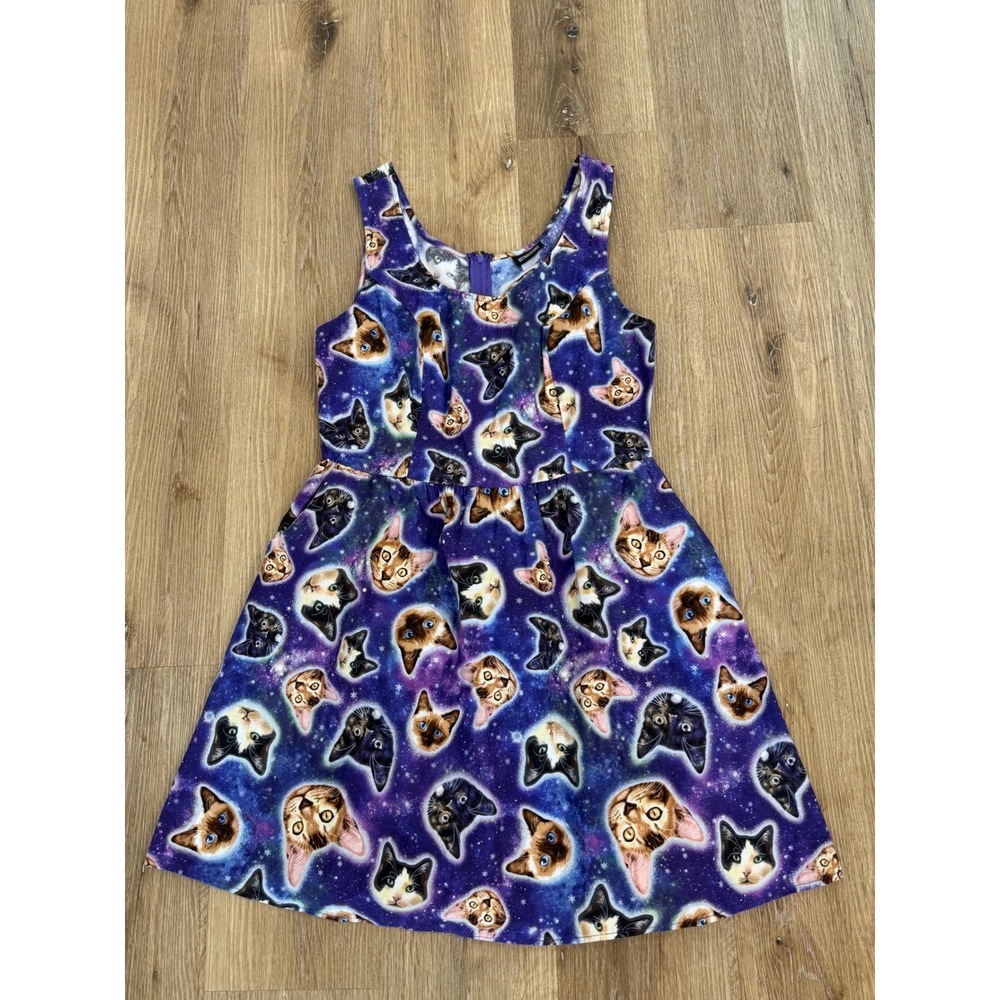 Retrolicious Whimsygoth Celestial Galaxy Cat Print Dress Womens L Purple